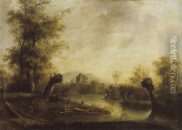 Romantische Flusslandschaft Mit Burgruine Im Mittelgrund Oil Painting - Ludwig Hess