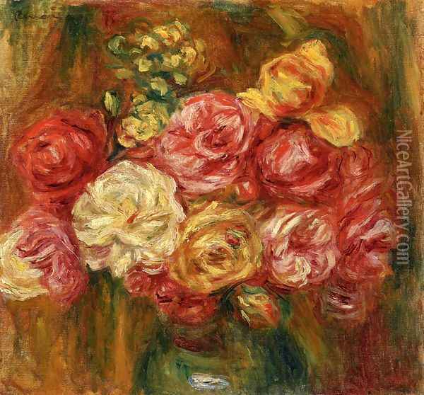 Bouquet of Roses in a Green Vase I Oil Painting - Pierre Auguste Renoir