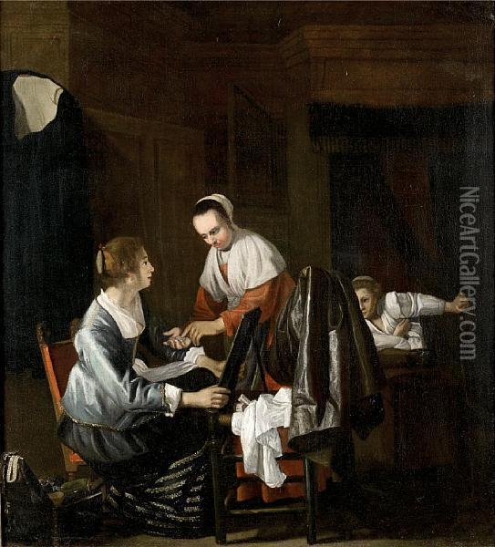 An Elegant Interior With A Cloth Seller Oil Painting - Cornelis Bisschop