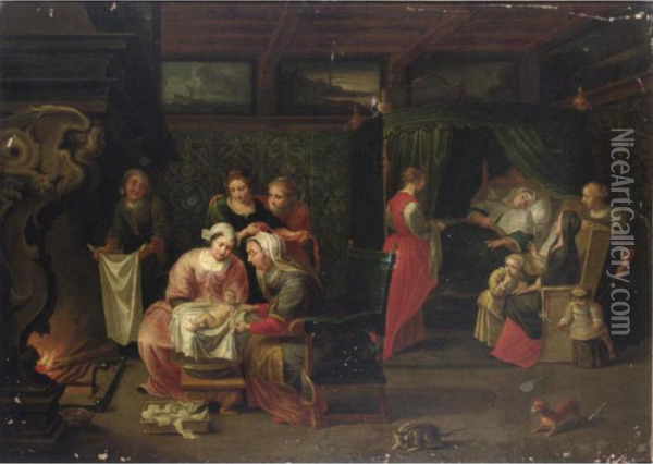 An Interior With Women Visiting A
 Mother Of A Newly-born Child And Small Children Near A Fireplace Oil Painting - Willem Van Herp