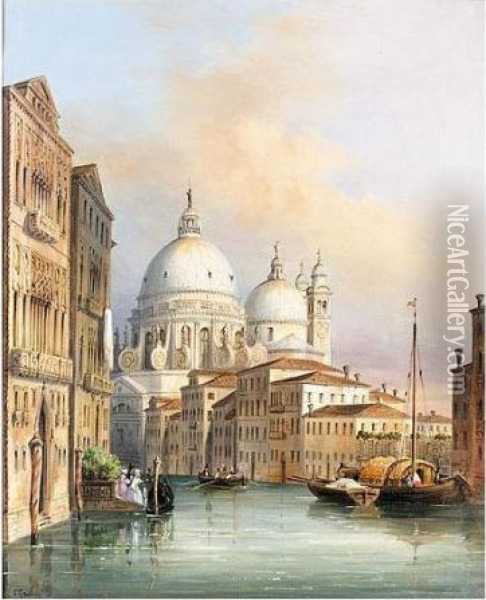 The Piazetta And Doges Palace; Santa Maria De La Salute From The Grand Canal Oil Painting - Carlo Grubacs