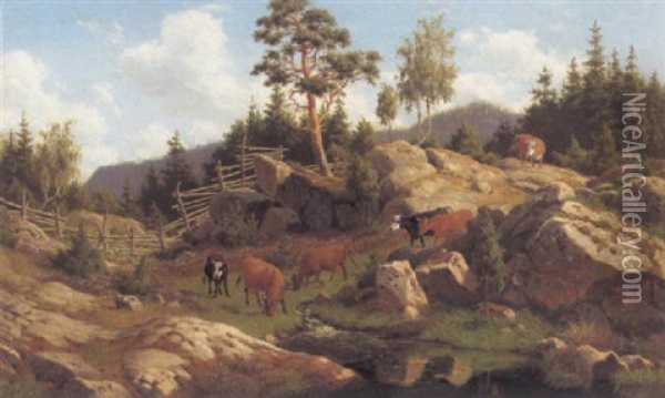 Graessende Koer I Bjergene Oil Painting - Carl Henrik Bogh