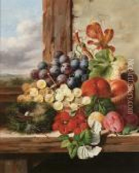 A Still Life Of Fruit In A Basket Beside A Robin's Nest On A Window Sill Oil Painting - Edward Ladell