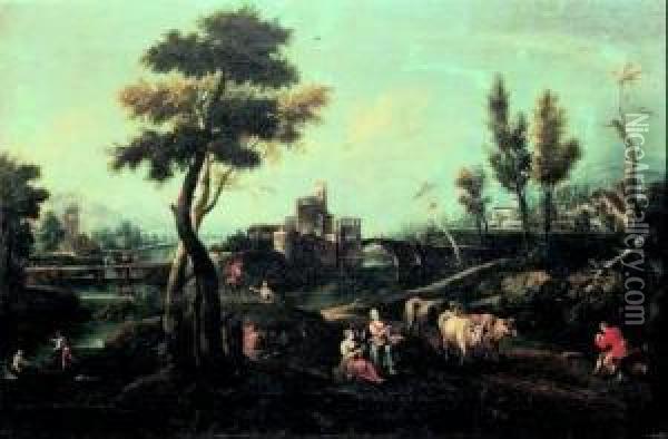 Paesaggio Con Figure E Armenti Oil Painting - Gianbattista Cimaroli