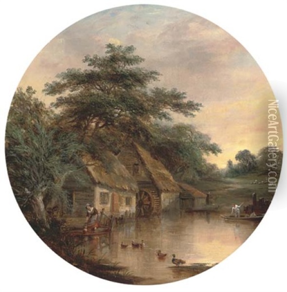 A Milkmaid By A Watermill (+ Cattle Watering In A River Landscape; Pair) Oil Painting - Robert Burrows
