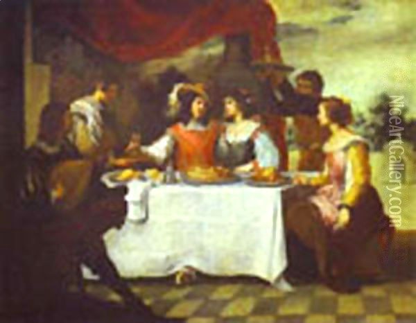 The Prodigal Son Feasting With Courtesans-1660s Oil Painting - Bartolome Esteban Murillo