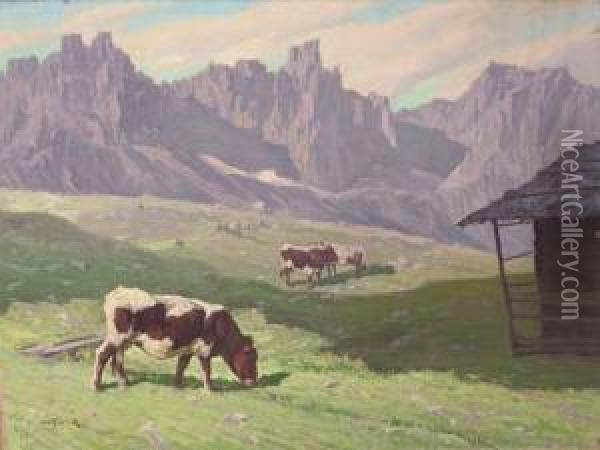 Cows Grazing In A Mountanious Landscape Oil Painting - Rudolph Jelinek