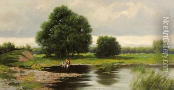 Vaches S'abreuvant A Une Mare Oil Painting - Pawel Pawlowitsch Dshogin