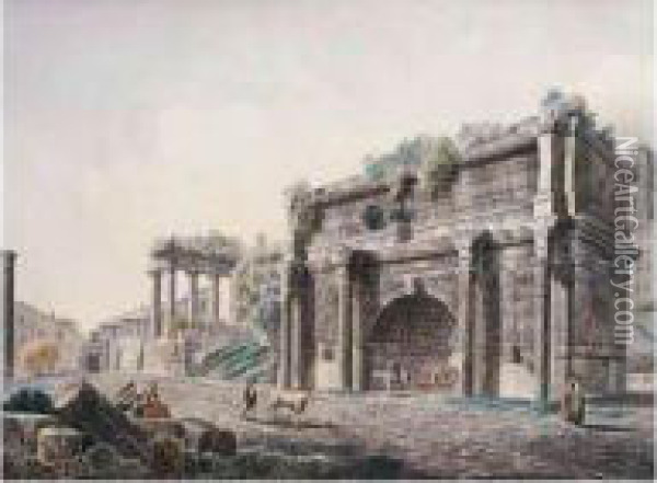 Rome, A View Of The Forum, With The Arch Of Septimus Severus Oil Painting - Franz Keiserman