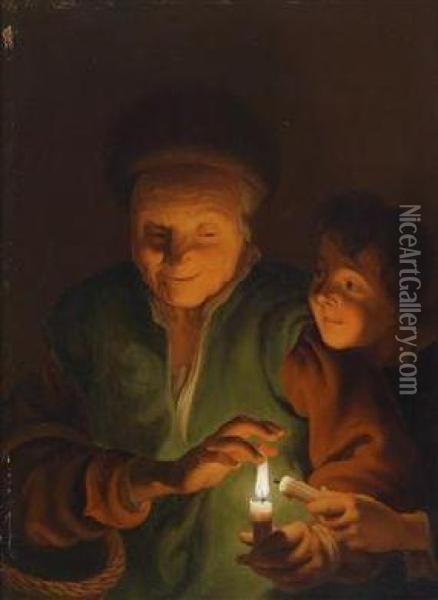 A Woman And A Boy With A Burningcandle Oil Painting - Godfried Schalcken
