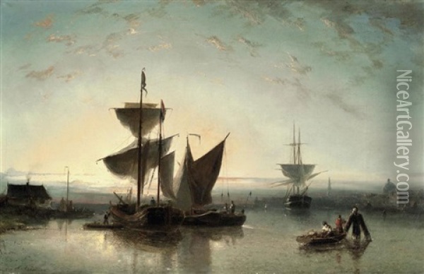 Shipping On A Calm Near A Harbor Oil Painting - Nicolaas Riegen