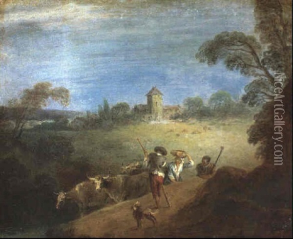 Hirten Mit Herde Und Hund In Weiter Landschaft Oil Painting - Jean-Baptiste Pater