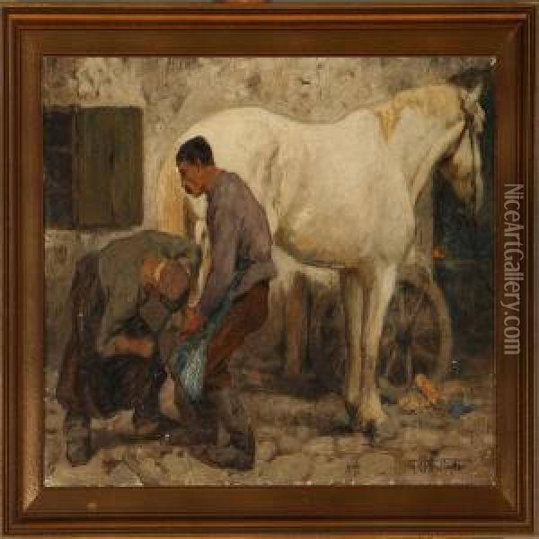 At The Smith Oil Painting - Franz Muller-Munster