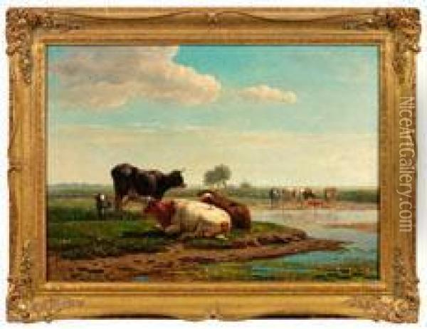 Ruhende Kuhe In Wasserreicher Wiesenlandschaft Oil Painting - Simon Van Den Berg