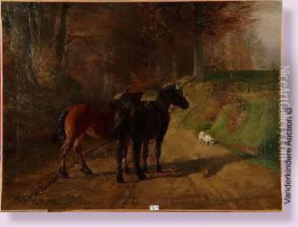 Chevaux Et Chien Sur Un Chemin De Campagne Oil Painting - Jules Montigny