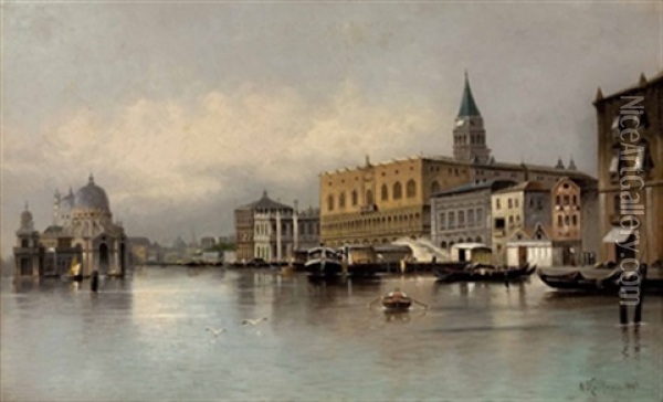 Dogenpalast Und S. Maria Della Salute (+ Canale Grande Mit S. Maria Della Salute; Pair) Oil Painting - Adolf Kaufmann