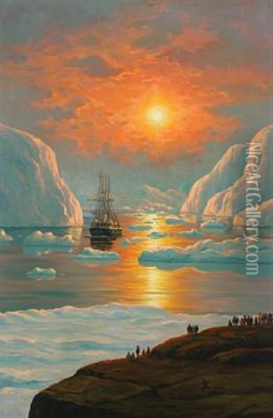 Greenlandic Fjord With Ship Setting Out In The Midnight Sun Oil Painting - Emanuel A. Petersen
