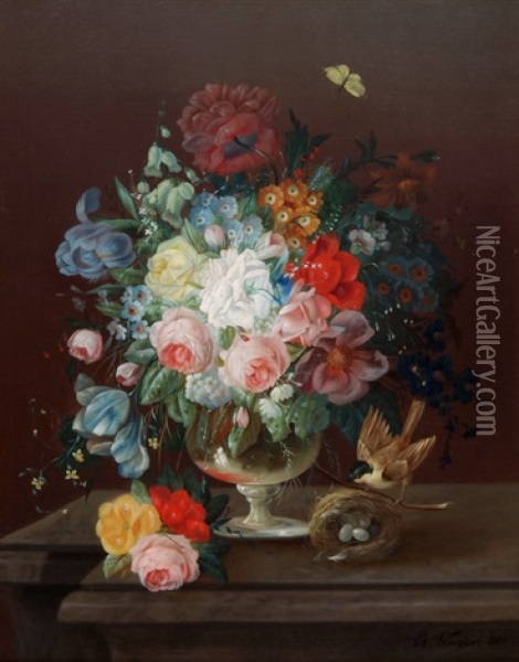 Grosses Blumenbouquet In Einer Glasvase Mit Vogel Und Vogelnest Oil Painting - Eduard Wuger