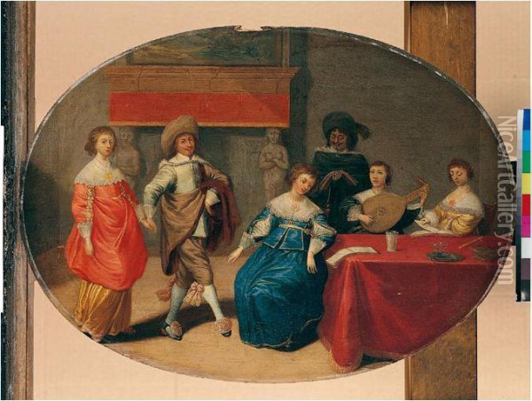 An Interior With Elegant Figures Playing Music, Singing And Dancing Oil Painting - Laurentius de Neter