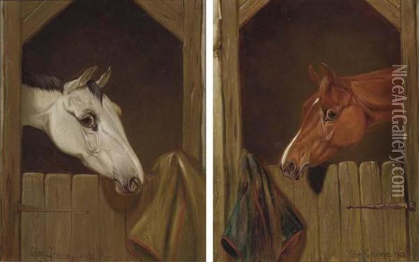A Grey At A Stable Door; And A Chestnut At A Stable Door Oil Painting - Colin Graeme Roe