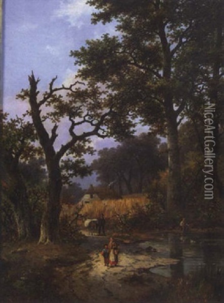 Figures On A Road In A Wooded Landscape Oil Painting - Leopold Rivers