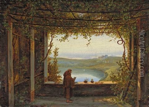 Blick Von Der Pergola Des Kapuziner-klosters In Nemi Auf Den See Mit Genzano Oil Painting - Carl (Karl) Wilhelm Goetzloff