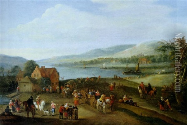 A River Landscape With Numerous Figures Near An Inn Oil Painting - Karel Breydel
