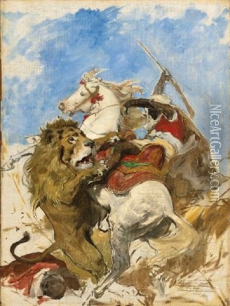The Lion And The Moor Oil Painting - Arturo Michelena