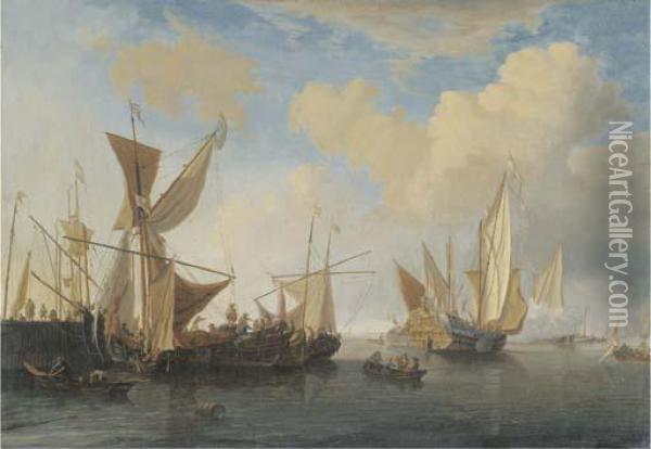 A Wijdschip And A Smalschip Lying At A Pierhead Oil Painting - Willem van de, the Elder Velde