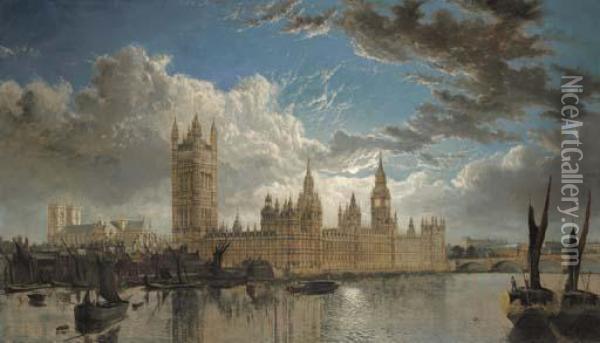 View Of Westminster From The River Thames Oil Painting - John Macvicar Anderson