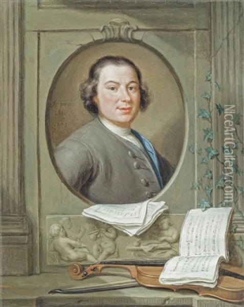 Portrait Of Anton Wilhelm Solnitz (c. 1708-1752), In A Sculpted Niche, With A Violin And Musical Scores Oil Painting - Hieronymus van der Mij