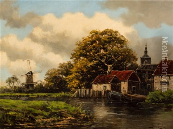 Village View With Mill Near The Water Oil Painting - Hermanus Koekkoek the Younger