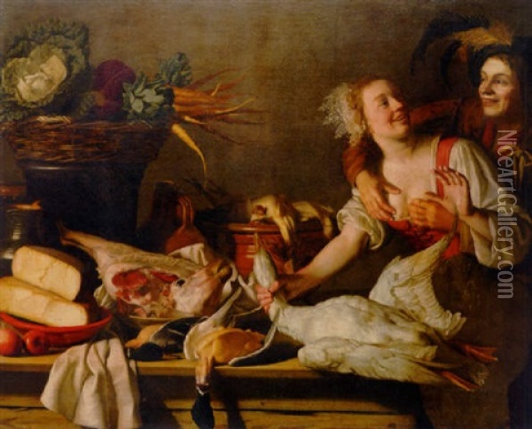 A Couple Courting In A Larder At A Table Laden With Food And Game Oil Painting - Gerrit Van Honthorst