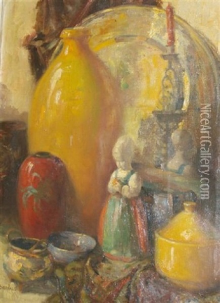 Still Life With A Candle, Figurine, And Glassware Oil Painting - Otto Bierhals
