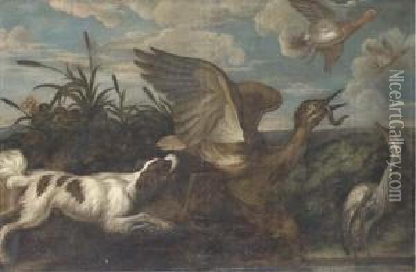A Spaniel Chasing A Bittern, With A Heron And Duck, In Alandscape Oil Painting - Francis Barlow