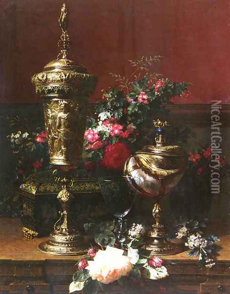 A Still Life With A German Cup, A Nautilus Cup, A Goblet An Cut Flowers On A Table Oil Painting - Jean-Baptiste Robie