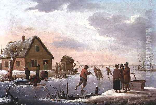 Figures Skating in a Winter Landscape Oil Painting - Hendrik Willem Schweickardt