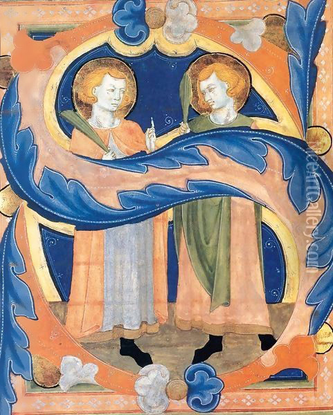 Two Martyr Saints in an Initial S Oil Painting - Italian Miniaturist