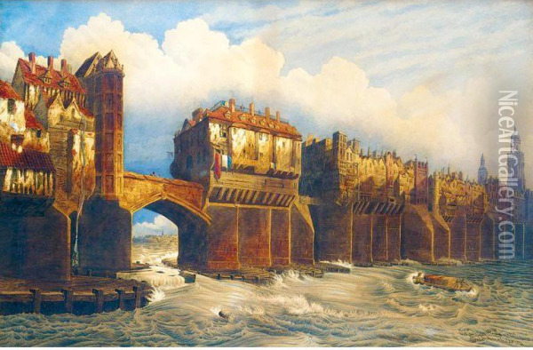Old London Bridge In 1745 Oil Painting - Joseph Josiah Dodd