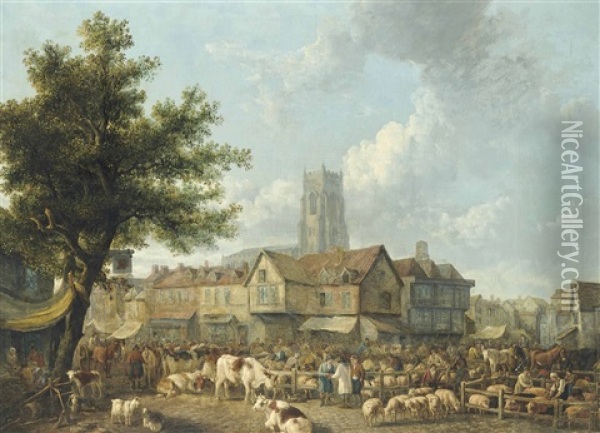 A Market Scene In A Village Oil Painting - Henry Milbourne