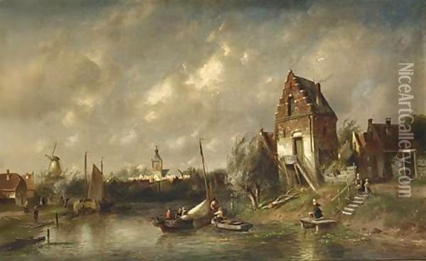 Figures In A River Landscape, A Town Beyond Oil Painting - Charles Henri Leickert