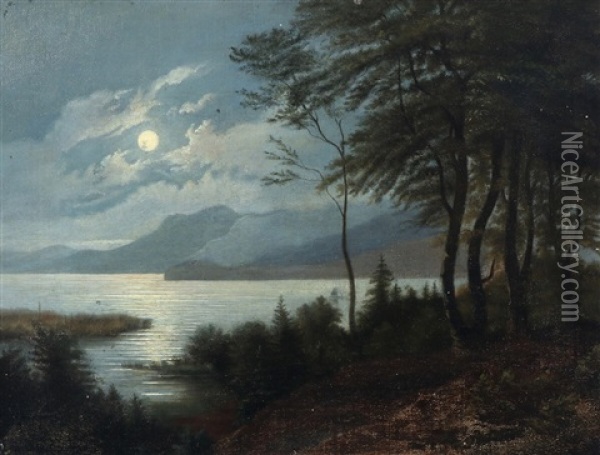 A Landscape With A View Over A Mountain Lake At Night Oil Painting - Carl Frederik Peder Aagaard