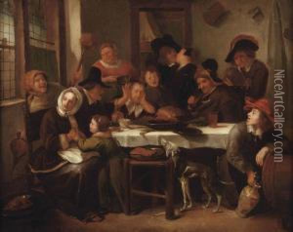 A Merry Company Eating And Drinking In An Interior Oil Painting - Jan Steen
