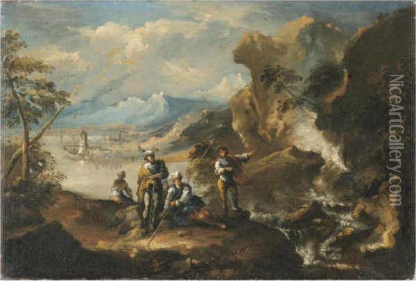 A Coastal Landscape With Figures Beside A Cascade Oil Painting - Antonio Marini