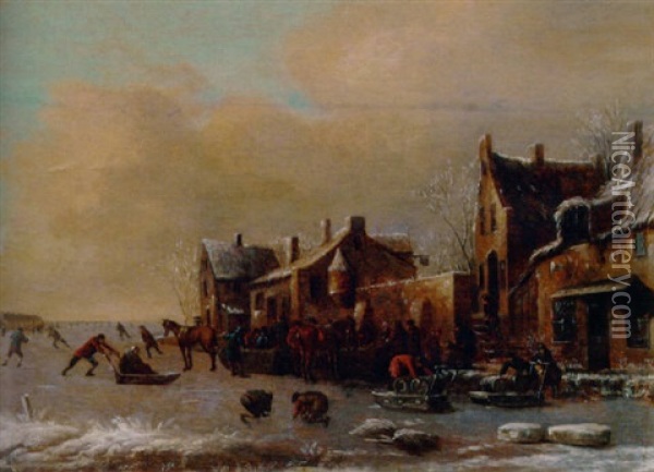 A Winter River Landscape With Skaters By A Village Oil Painting - Thomas Heeremans
