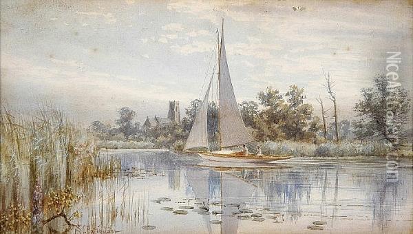 A White Boat On A Broadland River Oil Painting - Stephen John Batchelder