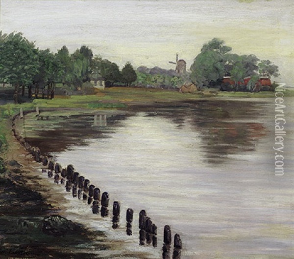 Markische Seenlandschaft Mit Windmuhle Und Park Oil Painting - Walter Leistikow