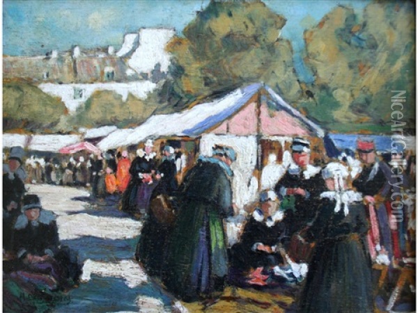 A Breton Market Scene Oil Painting - Henri Alphonse Barnoin