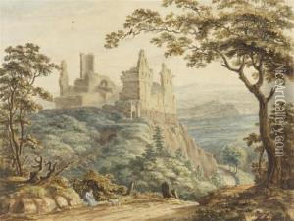 Italian Landscape With Castle Ruins Oil Painting - Heinrich Reinhold