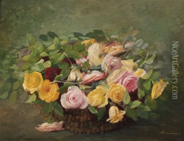 Cos Cu Trandafiri Oil Painting - Nicolae Angelescu